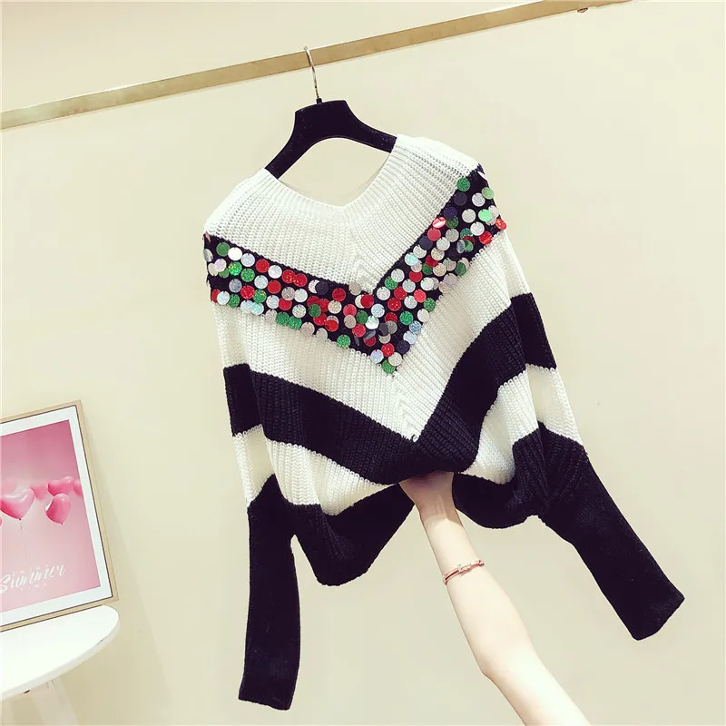 2020 Spring Korean Style New Spring V-neck Black and White Striped Sequined Batwing-Sleeve Sweater Women's Loose-Fit Sweater