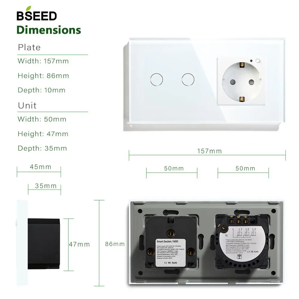 BSEED Smart Wifi сенсорный выключатель 2 банды стандарт ЕС работает с Tuya 16A розетка