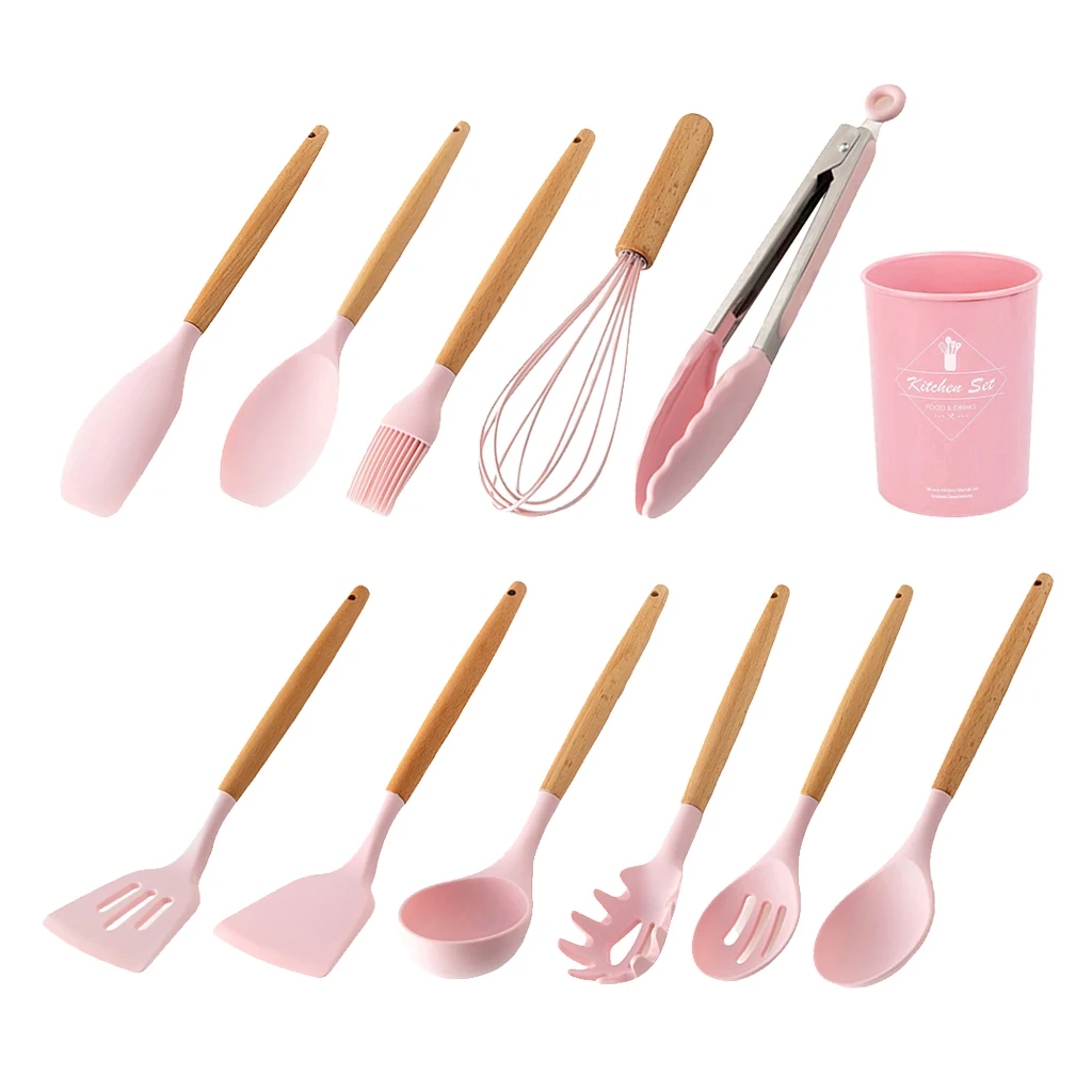 Kitchen Utensils Set Silicone Baking & Cooking Kitchen Tools ,Cookware Set, BBQ, Kitchen Gadgets - Pink