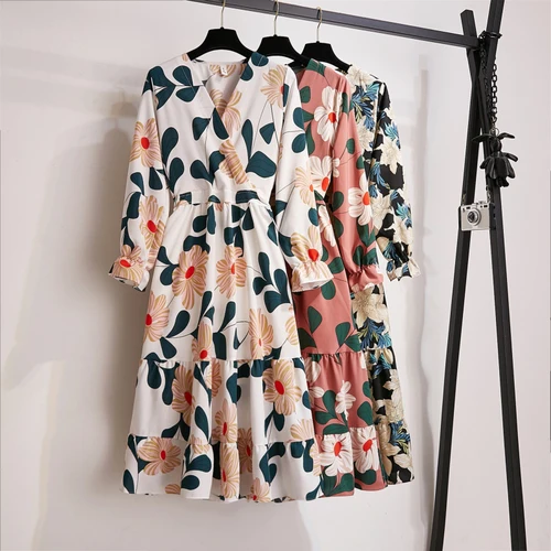 

2019 New Fashion Autumn Winter Women Dresses Long Sleeve V-neck Ruffles Floral Printed Long Dresses Slim Work Wear Dress