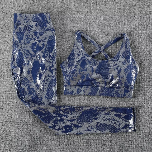 SALSPOR Women Yoga 2 Piece Sets Snake Pattern Gym Sports High Waist Tracksuits Suits Woman Fitness Exercise Outdoor Cycling Suit Blue