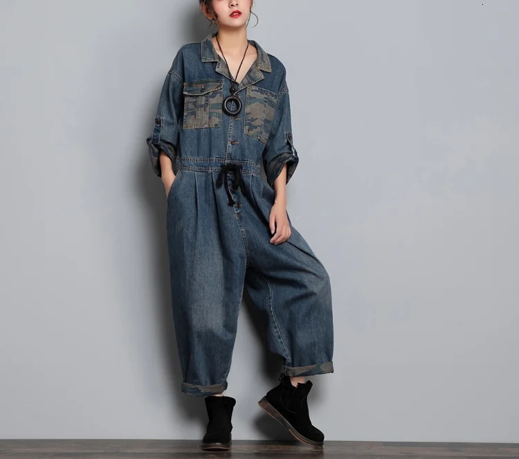 Women Baggy Wide Leg Jean Jumpsuit Blazer Style Long Sleeve Cowboy One Piece Drop Crotch Overall Original Europe Denim Rompers