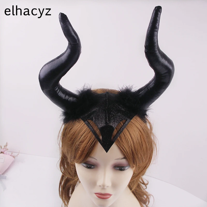 

New Halloween Big Black Long Ox Horn Headband Movie Demon Evil Queen Glitter Hair Hoop Halloween Party Cosplay Costume Headpiece