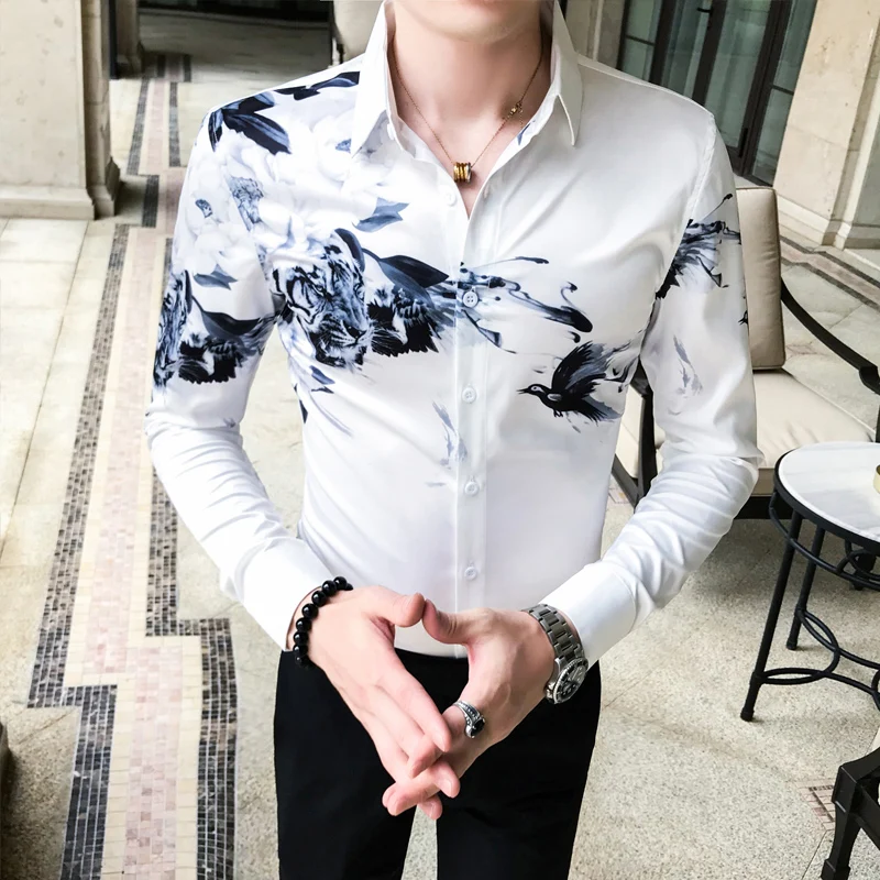 Chemise Homme модная мужская рубашка с длинными рукавами Осенняя Новая мужская рубашка с цифровым принтом вечерние мужские рубашки для ночного клуба