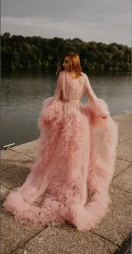 Unique Prom Dresses Custom Made Tulle Maternity Robes Women Photoshoot Evening Gowns Fluffy Tiered Tulle Robe Formal Party Dress 6