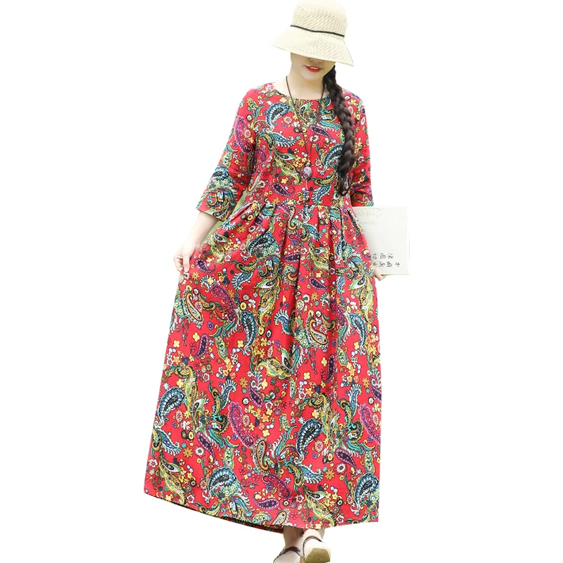 Красный EaseHut Women Autumn Floral Print Cotton Linen Dress O Neck Three Quarter Sleeve High Waist Pleated Pocket Loose Maxi Long Dress - Цвет: Красный