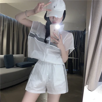 

Sun Protection 2 Piece Set Women Tracksuit Summer 2020 Zip Tops + Shorts Female Matching Sets Black White Casual Sweatsuits Suit