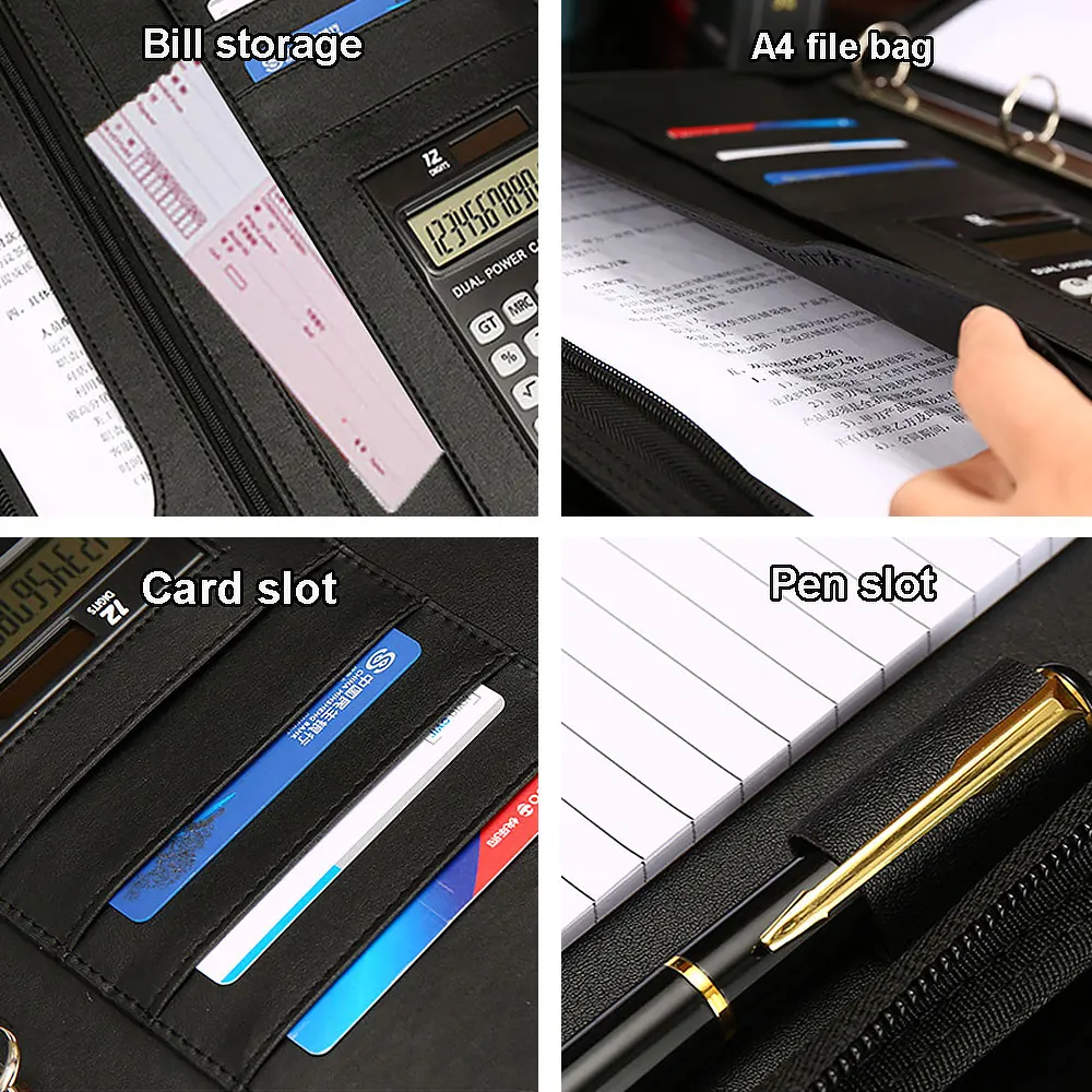 A4 Leather Portfolio Folder Zipper Padfolio With Handle Binder