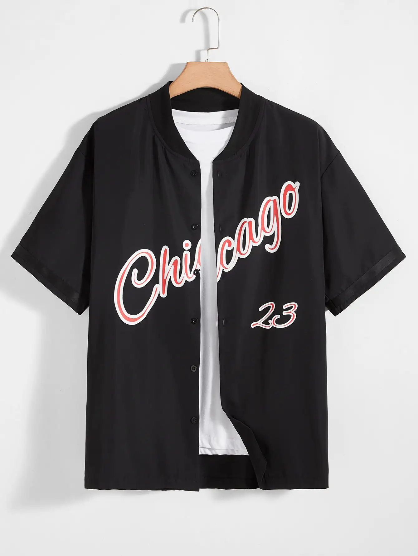 Men Letter Print Graphic Baseball Collar American Streetwear Style Causal Patchwork Plaid Basketball  Shirt