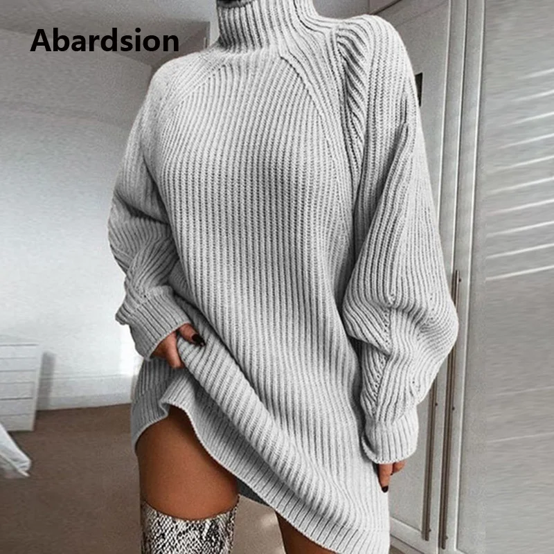 Abardsion, женское трикотажное платье-свитер с высоким воротом, осенне-зимний теплый пуловер с длинным рукавом, одноцветные Повседневные свитера больших размеров, платья