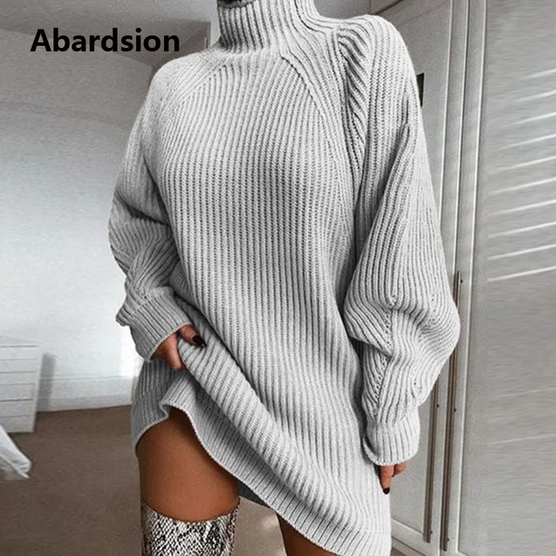 

Abardsion Women Knitted Turtleneck Sweater Dress Autumn Winter Warm Pullover Long Sleeve Solid Casual Oversized Sweaters Dresses