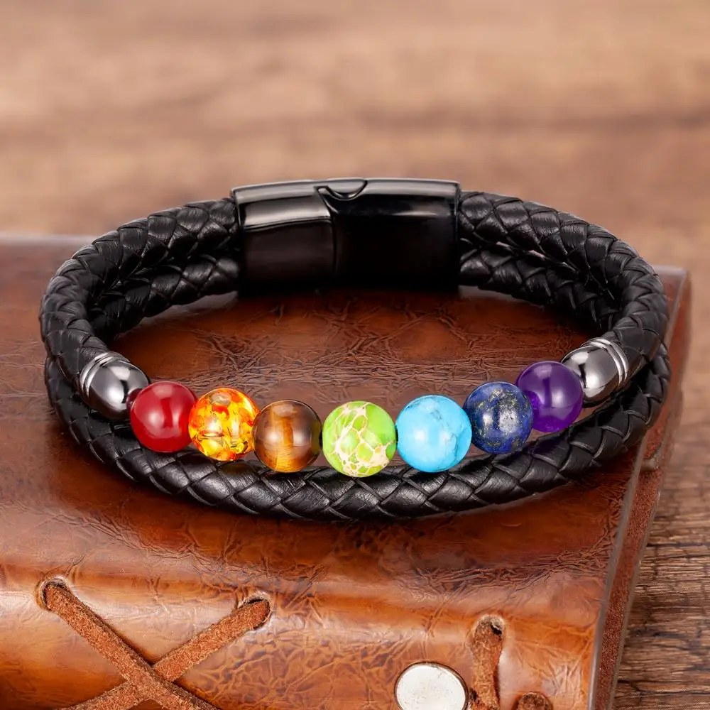 Bracelet Homme Femme Perles Naturelles Pierre de Lave 7 Chakra