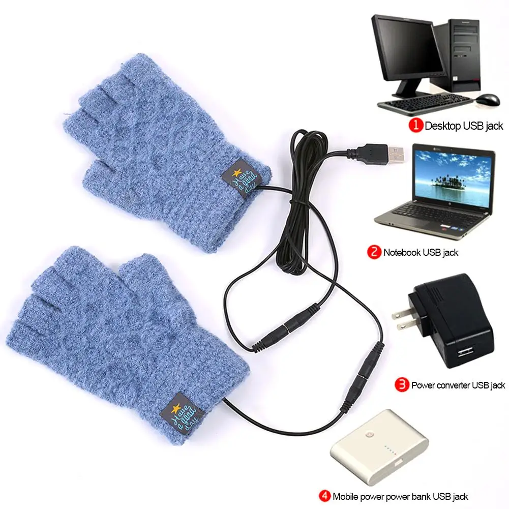 1 пара, мужские, женские, USB перчатки с подогревом, USB грелки для рук, зимние теплые рукавицы без пальцев для дома, ежедневного кемпинга, работы