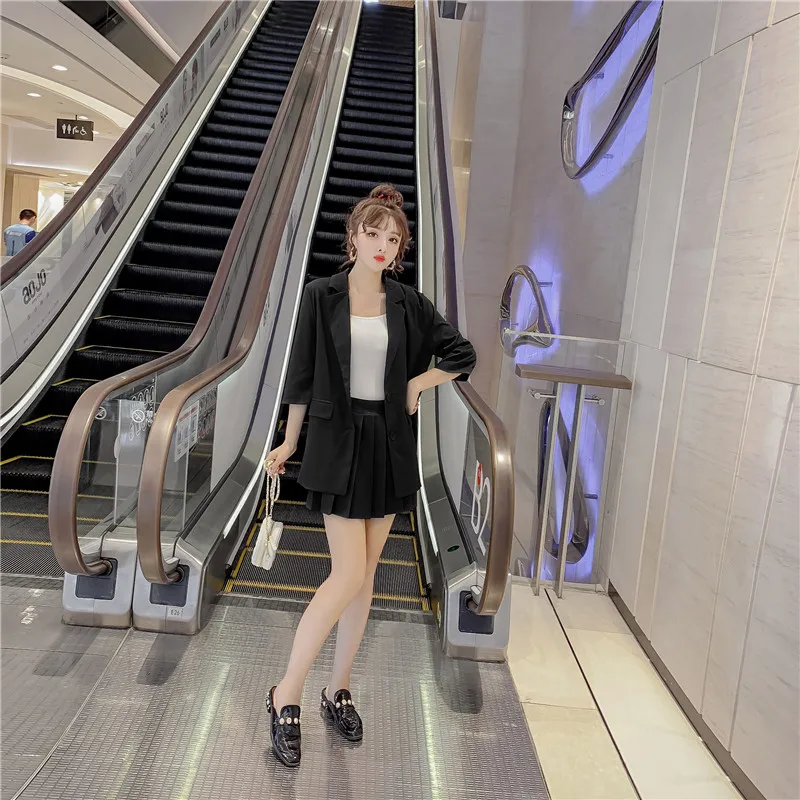 Photo Shoot~ Online Celebrity CHIC Small Suit Coat Women's Korean-style Loose-Fit British-Style Suit Pleated Skirt Two-Piece Se