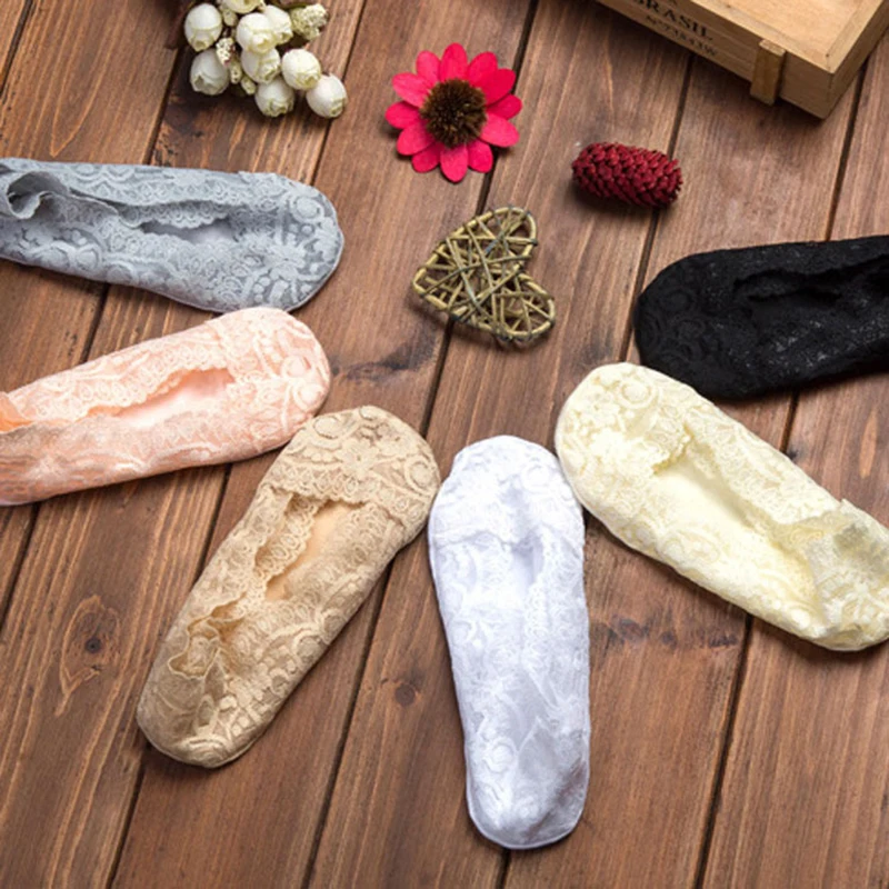 

New 1pair Lace Boat Socks Invisible Cotton Sole Anti-Slip Sock Girl Women Antiskid Slippers Non-slip Summer Silica Gel