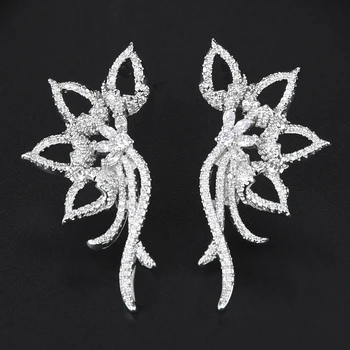 

New Romantic Sweet Luxury Feather Earrings For Women Wedding AAA Cubic Zirconia Crystal CZ Indian African Bridal Shiny Jewelry