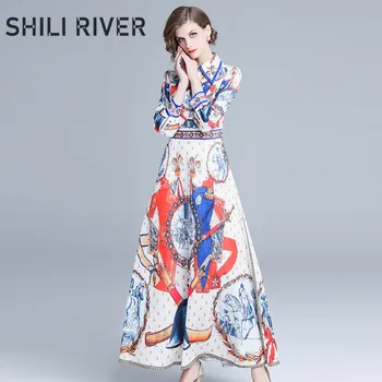 

New spring autumn ankle length dress for women a line long sleeve slim casual elegant vintage white print dress with collar