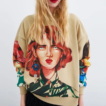 

Streetwear Cartoon Print Women Pullover Autumn Spring O Neck Long Sleeve Pullover Knitted Oversized Sweatshirts Women SL548