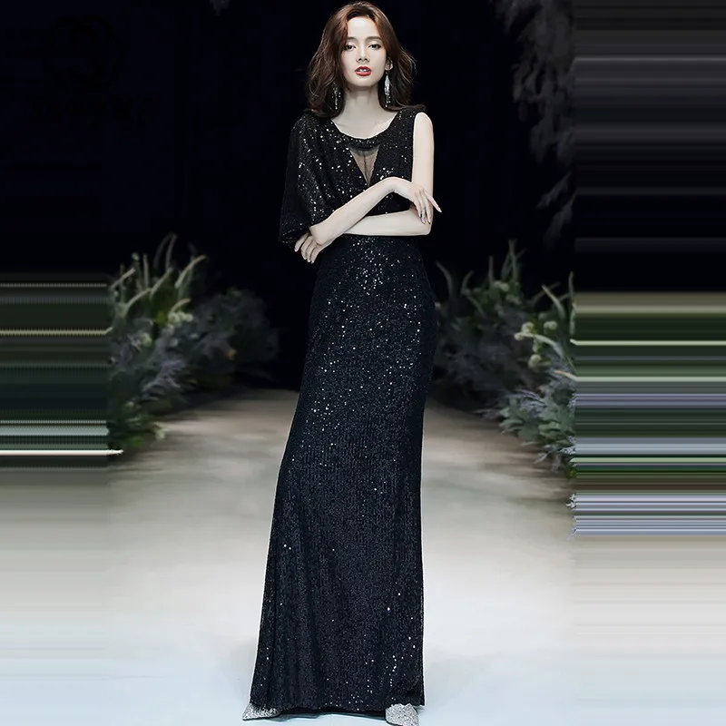 

Skyyue Evening Dresses Long Sequins Half Sleeve Women Party Dresses K131 Stylish Robe De Soiree Black One Shoulder Formal Gowns