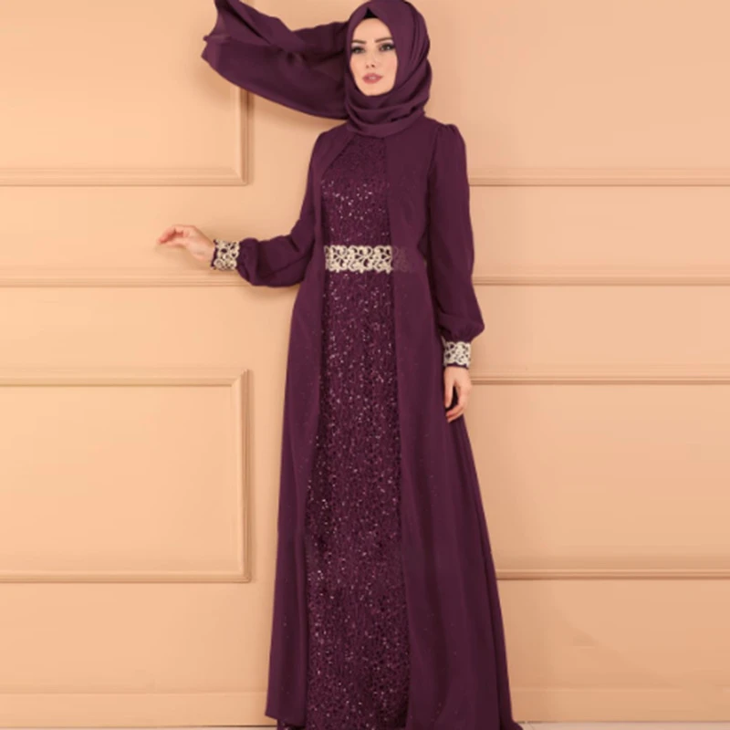 

WEPBEL Fashion Women Chiffon Muslim Dresses Long Sleeve Slim Fit Abaya Sequin Applique Two-piece Set Dress Islamic Clothing