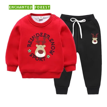 

Children's Sweatshirt Set Winter 100% Cotton Double Velvet Boy Thicken Sweater Set Christmas Elk Pattern Girl Long Sleeve Set