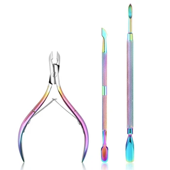

3pcs Colorful Pedicure Tools Set Stainless Steel Cuticle Trimmer With Cuticle Pusher Nail File Cover Dead Skin Tools