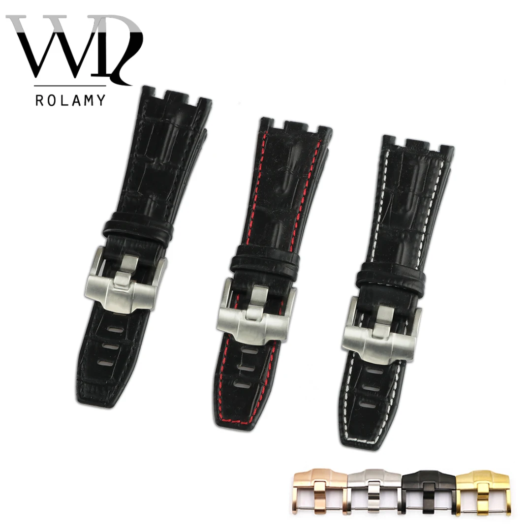 

Rolamy 28mm Real Leather Thick Wrist WatchBand Strap Belt With Silver Brushed Buckle For Audemars Piguet 42mm Royal Oak Offshore