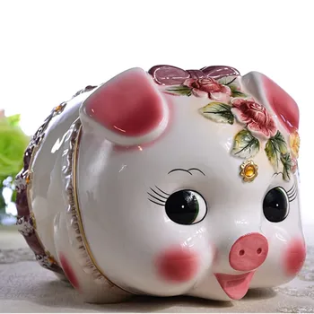 

European Ceramic Cute Pink Pig Piggy Bank Home Decor Crafts Room Decoration Porcelain Animal Figurines Gift For Girls R3915