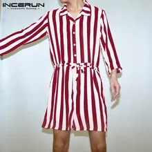 INCERUN, летняя мужская мода, Ретро стиль, в полоску, 3/4 рукав, с отворотом, комбинезон, Повседневная Уличная одежда, свободный пояс, мужской комбинезон, Комбинезоны для бега
