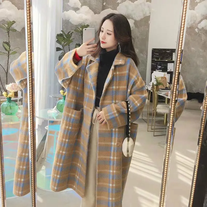 [EWQ] осенне-зимнее Новое милое клетчатое Женское шерстяное пальто с длинным рукавом больших размеров корейское повседневное розовое вязаное кашемировое пальто QL230