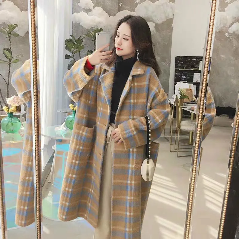 

[EWQ]2019 Autumn Winter New Sweet Full Sleeve Plaid Plus Size Women Wool Woolen Coat Korea Casual Pink Knit Cashmere Coats QL230