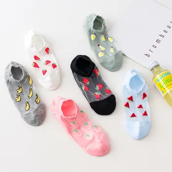 

6 Pairs Funny Socks Women Casual Summer Transparent Harajuku Fruit Print Ankle Socks School Girl Breathable Invisible Socks