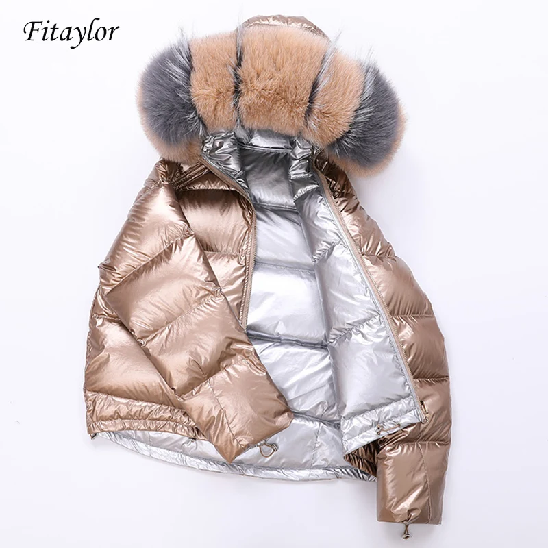 Fitaylor, белый утиный пух, большие парки с мехом, зимняя куртка для женщин, золото, серебро, двухстороннее пальто, женский теплый пуховик, большие размеры