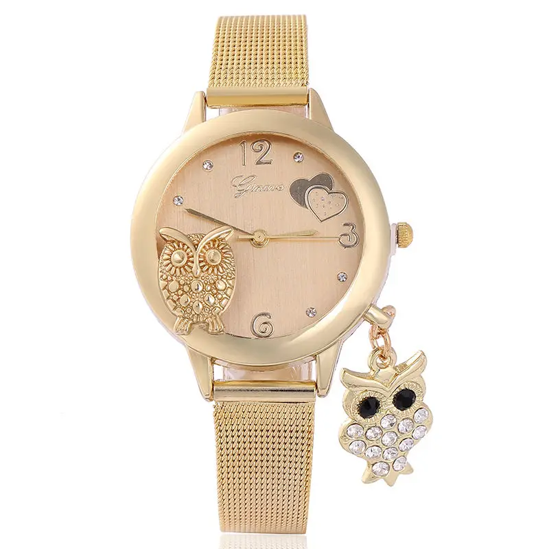 

2023 Fashion Design Owl Watches Mesh Band Quartz Wristwatch Female Wholsale Price Ladies Watches Luxury Gold Women Bling Watches