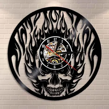 

Flaming Skull Wall Clock Skull Head On Fire Wall Art Vinyl Record Wall Clock Fire Burning Skeleton Halloween Decorative Clock
