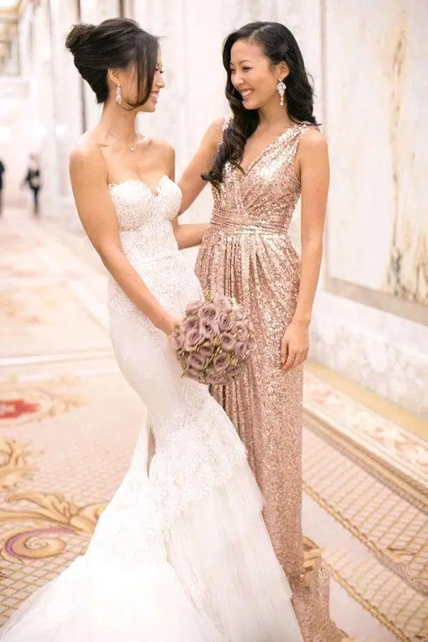 Vestidos Para Festa, розовое золото, с блестками, Платья для подружек невесты, Vestido De Madrinha, блестящие золотые платья для подружек невесты