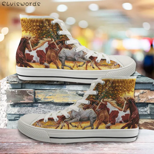 ELVISWORDS 3D Painting Horse Black High Top Women Casual Canvas Shoes Womens Vulcanize Flats Shoes Spring Woman Girls Sneakers green