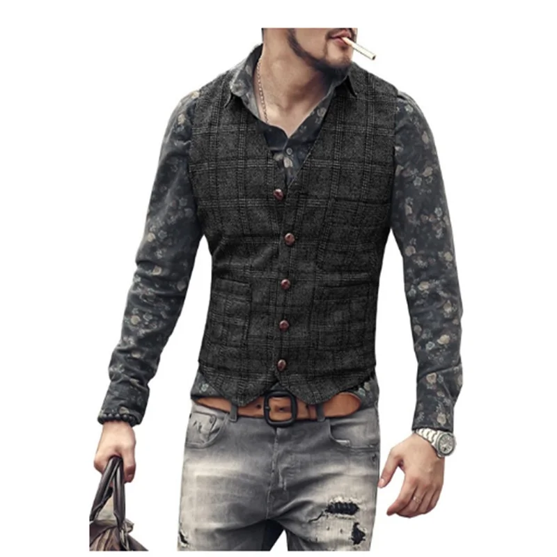 New Plaid Suit Vest For Men Wool Tweed Waistcoat Casual Slim Fit Formal Business Vest For Groomsmen Wedding
