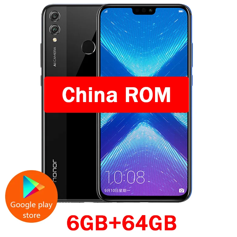 Honor 8X мобильный телефон 6,5 дюймов 1080x2340p FHD экран Kirin 710 Восьмиядерный фронтальная камера 16,0 Мп google play 3750 мАч батарея - Цвет: 6GB 64GB Black