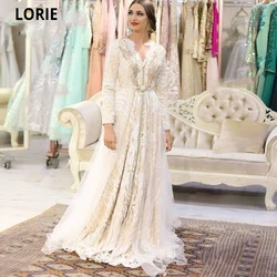 LORIE  Moroccan Kaftan Evening Dresses Embroidery Beading Lace Arabic Muslim Evening Gowns V-neck Long Formal vestido de festa