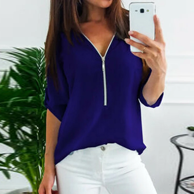 Ladies S-5XL Casual 3/4 Sleeve Tunic Tee Plus Size Elegant Beauty T Shirt Summer Women Solid V-neck Zipper Tops Multicolor