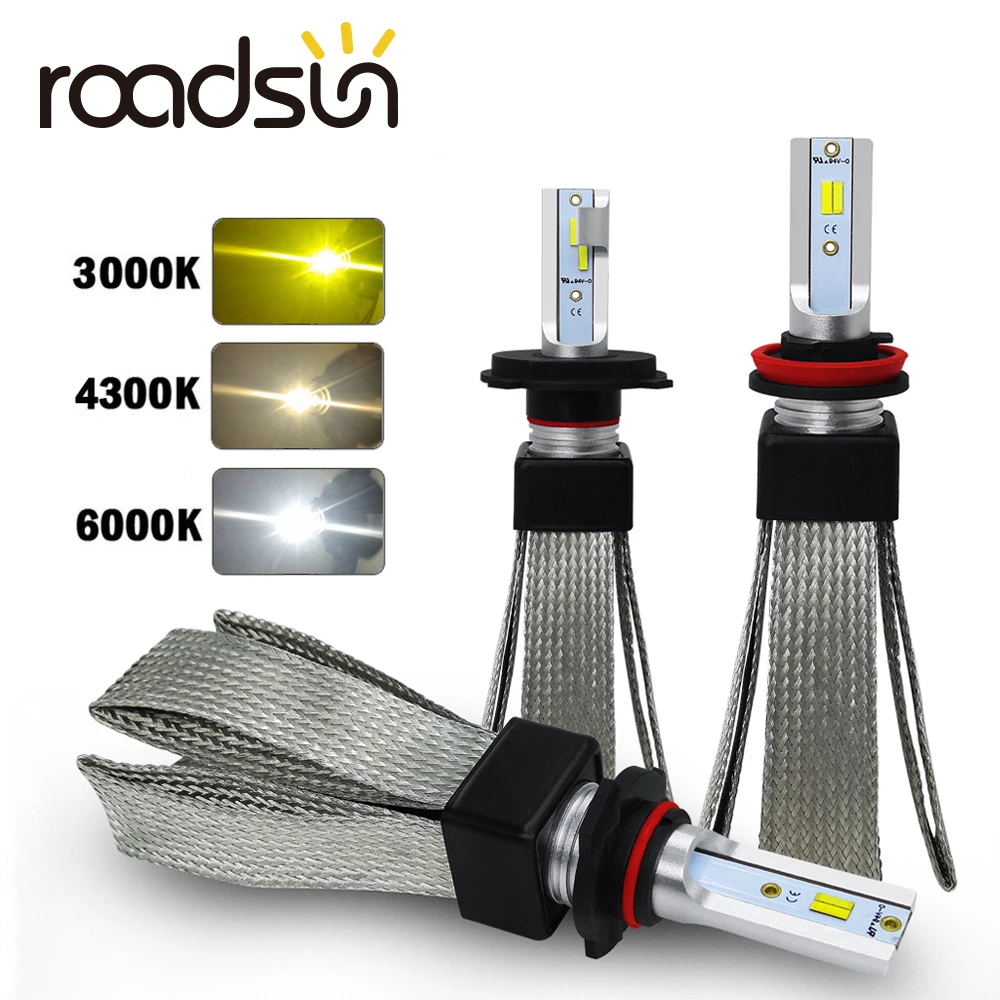 roadsun CSP H4 LED H1 H11 9005 9006 H7 LED Car Headlight 3 Colors changing headlights 3000K 4300K 6000K 50W 12000LM Auto Lights