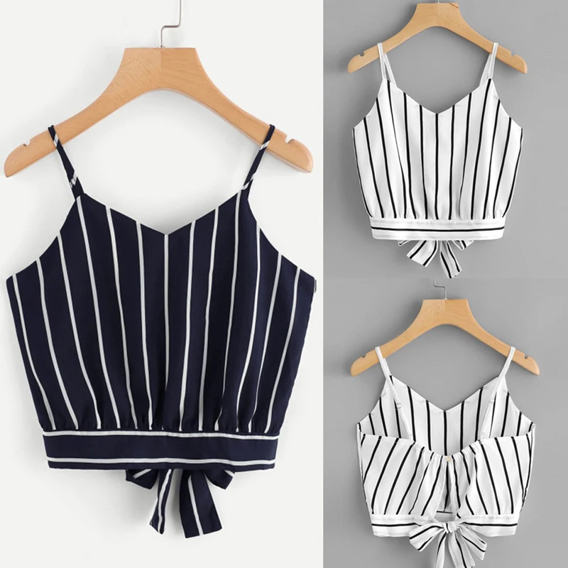Sexy Women Crop Tops Striped Tie Back Cami Casual Spaghetti Strap Print Bow Vest Knot Cropped Tank Tops Vest Cropped Feminino