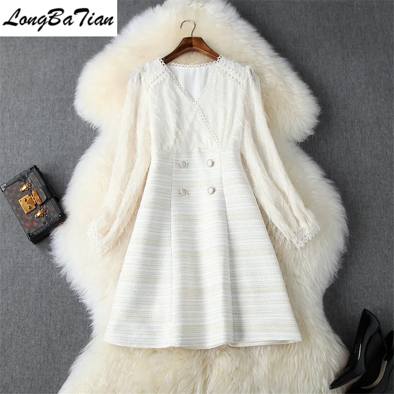 

Short New Solid Tweed Tassel Buttons A-Line Women Full Sleeve V-Neck Above Knee Sweet Autumn Winter Dress