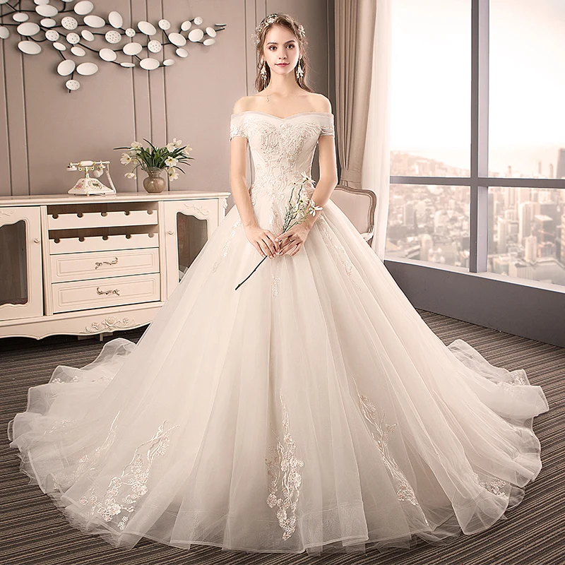 

2020 New Luxury Princess Wedding Dress Long Embroidery Off the Shoulder Wedding Gown A-Line Elegant Custom Size Vestido De Noiva