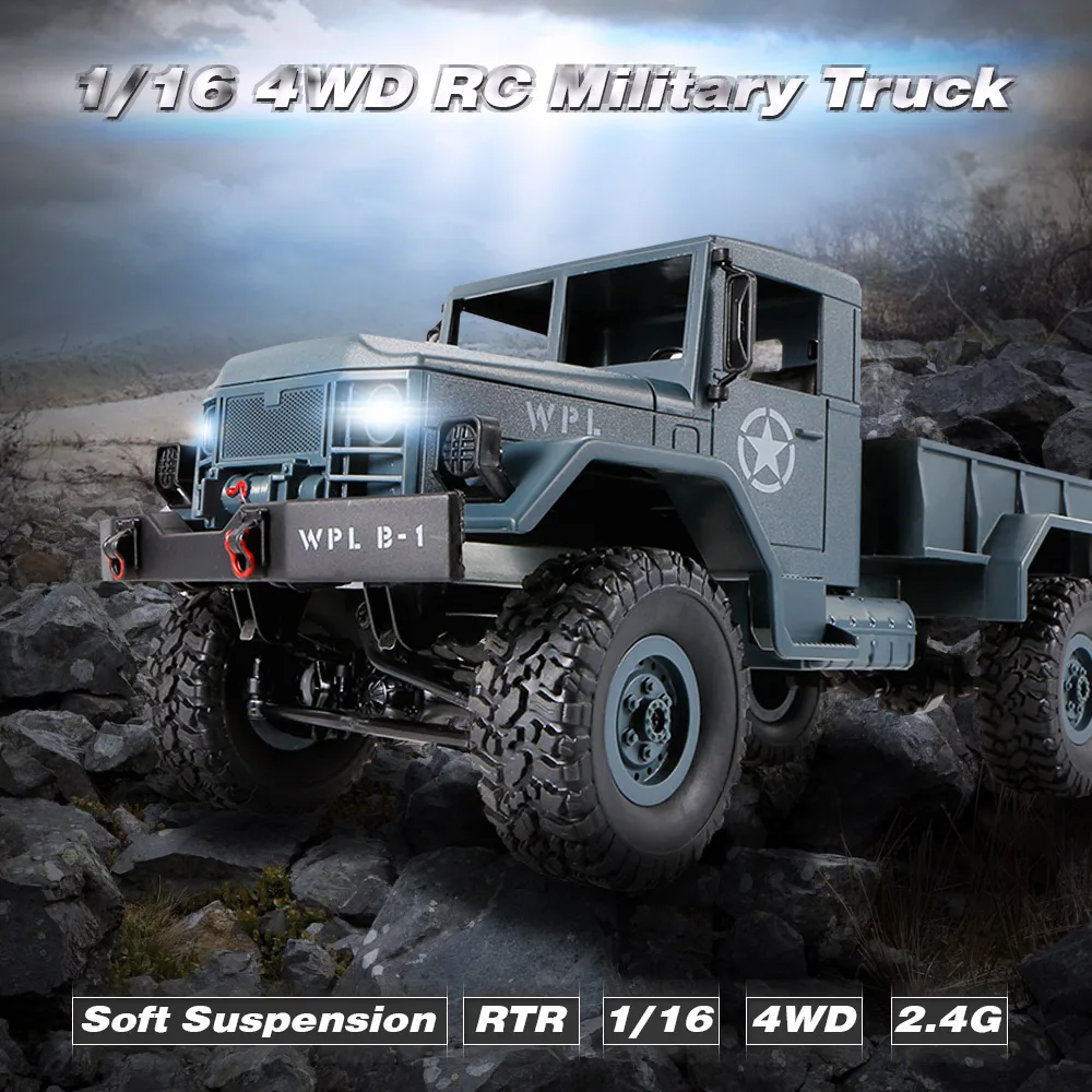 

B-1 RC Car 1/16 2.4G 4WD Off-Road RC Military Truck Rock Crawler Army RC Car Toys Gifts Radio Remote Control Two Battery