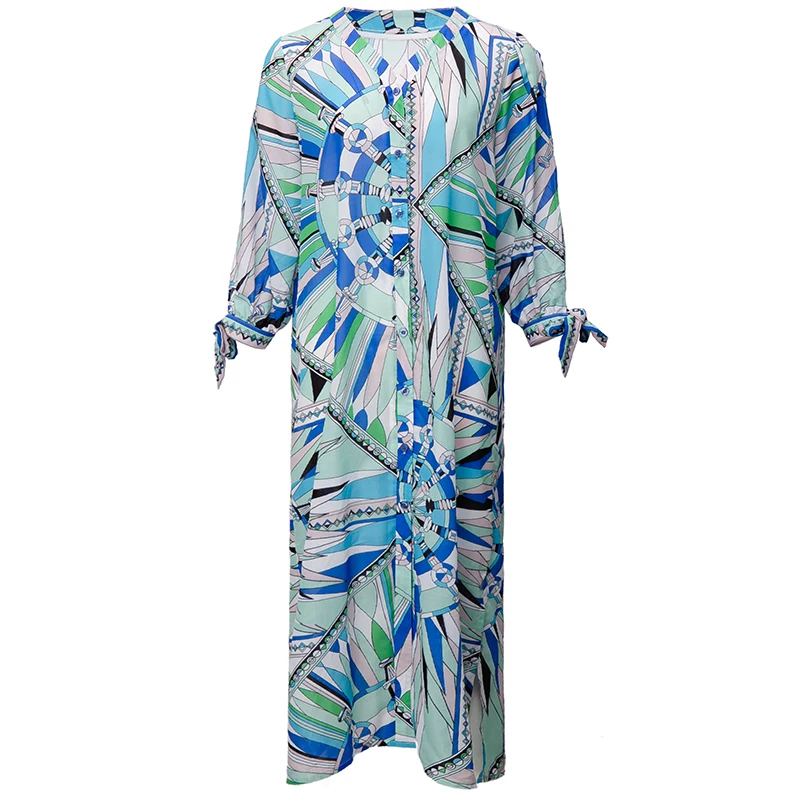 LD LINDA DELLA Autumn Fashion Loose Plus Size Dress Designer Women V-Neck Single-breasted Print Holiday Vintage Midi Dress