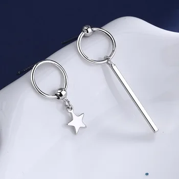 

925 Sterling Silver Asymmetry Star Round Charm Drop Earrings For Women Wedding Jewelry Earring Female Brinco oorbellen eh1337
