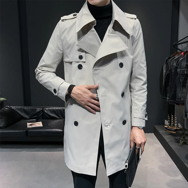 Mens Double Breasted Trench Coat Mens Off White Trench Coats British Mens Long Jackets English Cloak Classic Windbreaker Elegant