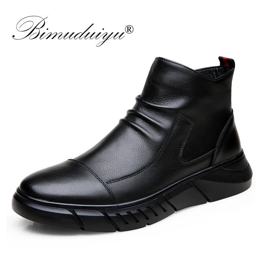 

BIMUDUIYU Genuine Leather Men's Winter Boots Fashion Male Shoes Cow Leather Man Ankle Black Boots High Top Casual Shoes Side Zip